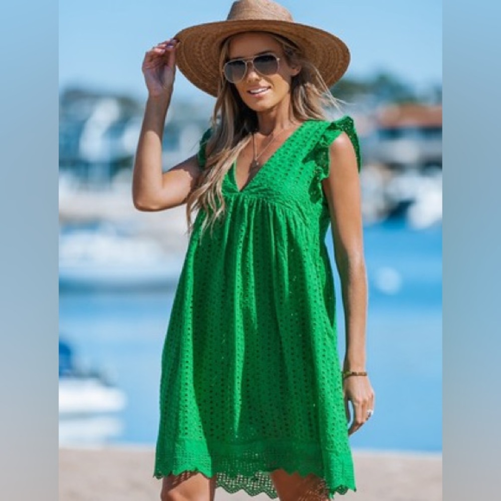 Women’s Green Cotton Eyelet Pocketed Lined Dress NWT